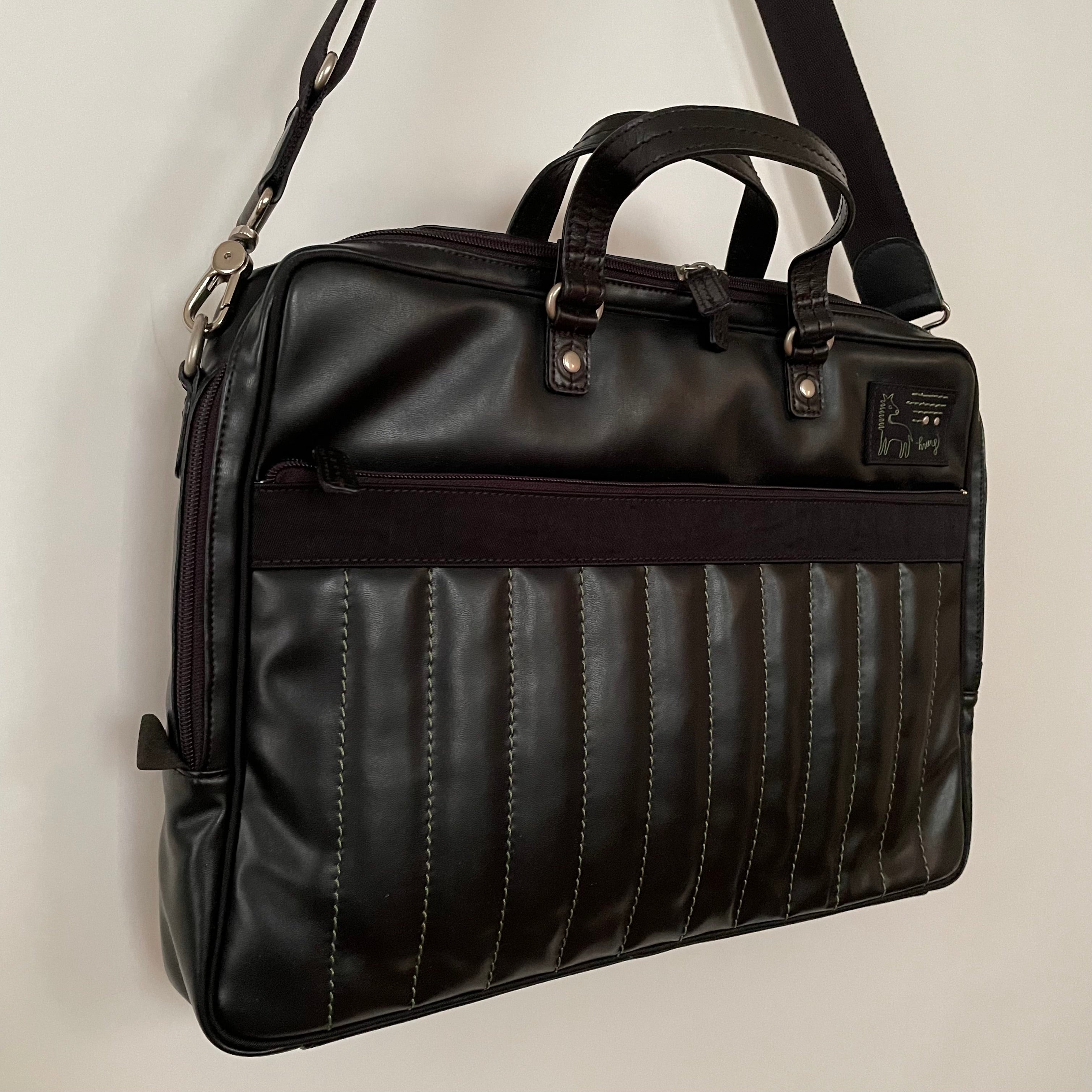 Premium Collection | Vegan Leather x Nylon x Leather Handles Briefcase with Stripe Stitch Accents | Black x Green
